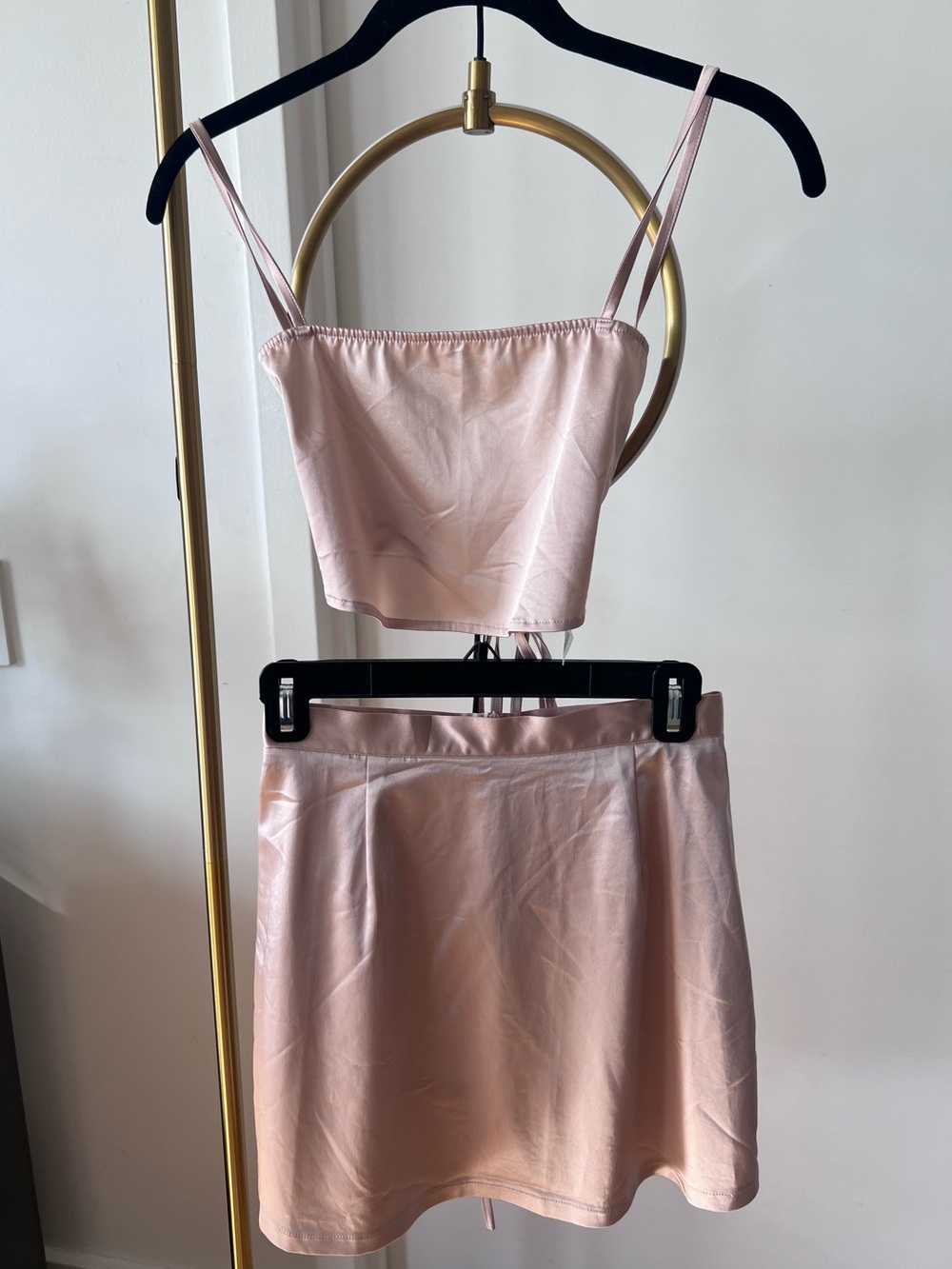 Satin Blush Pink Two-Piece Crop Top & Mini Skirt Set